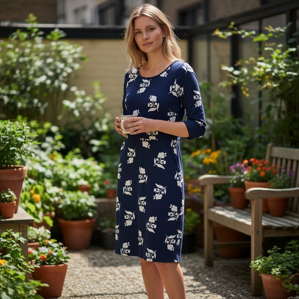 Boden Women Dress Floral Print Navy Blue Sheath Pocket 3/4 sleeve Size US 6R